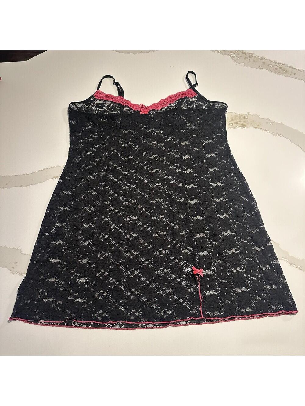 George Semi Sheer Black Pink Trim Lingerie Chemise Slip Nightie Sz XL 16-18